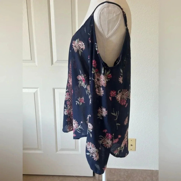 Rewind Womens Medium Boho Navy‎ Floral Print Cold Shoulder Sheer Blouse - Picture 5 of 13